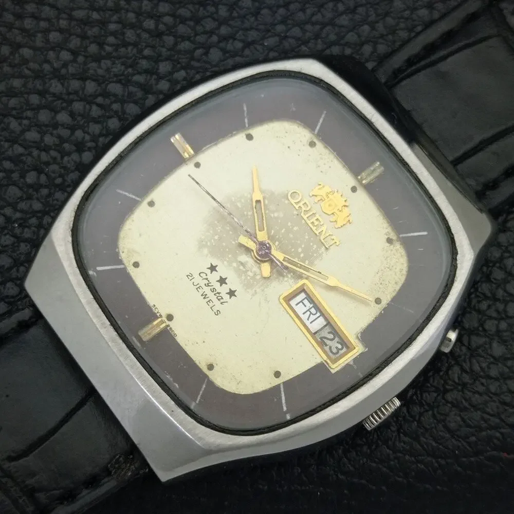 Vintage 1978 Square Orient Automatic Mens Silver Watch W/daydate & Gold accents